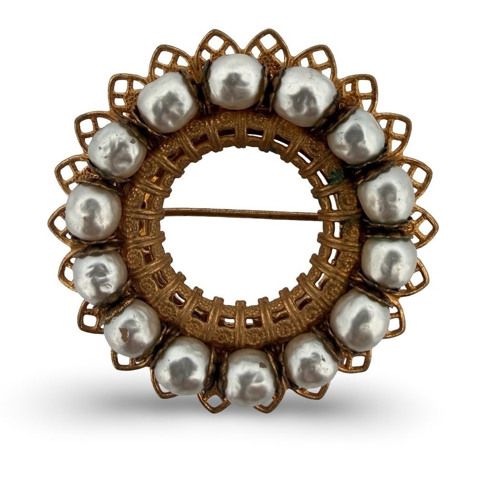 Vintage Miriam Haskell Baroque Faux Pearl Wreath Brooch Gold Tone Signed Pin